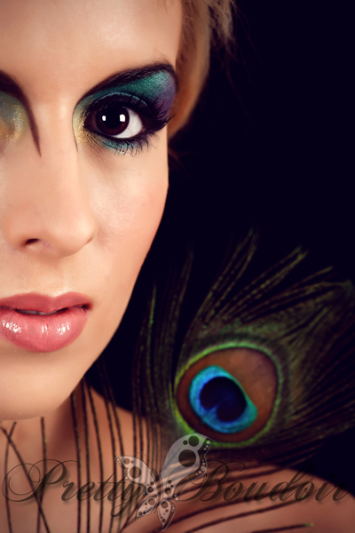 make-up; peacock feathers; boudoir; glamour